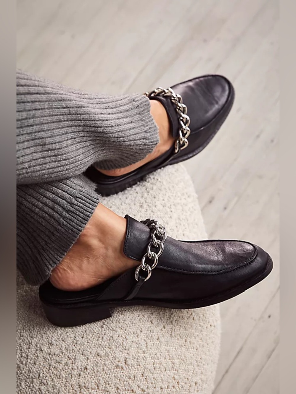 Free People Black Leather Chain-Trim Mules